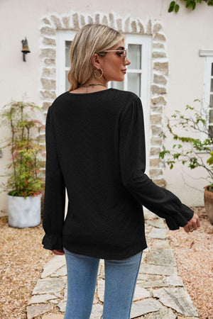 Effortlessly Me V Neck Long Sleeve Eyelet Blouse - MXSTUDIO.COM