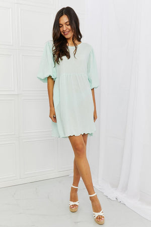 Elasticized Round Neck Puff Sleeve Mini Dress - MXSTUDIO.COM