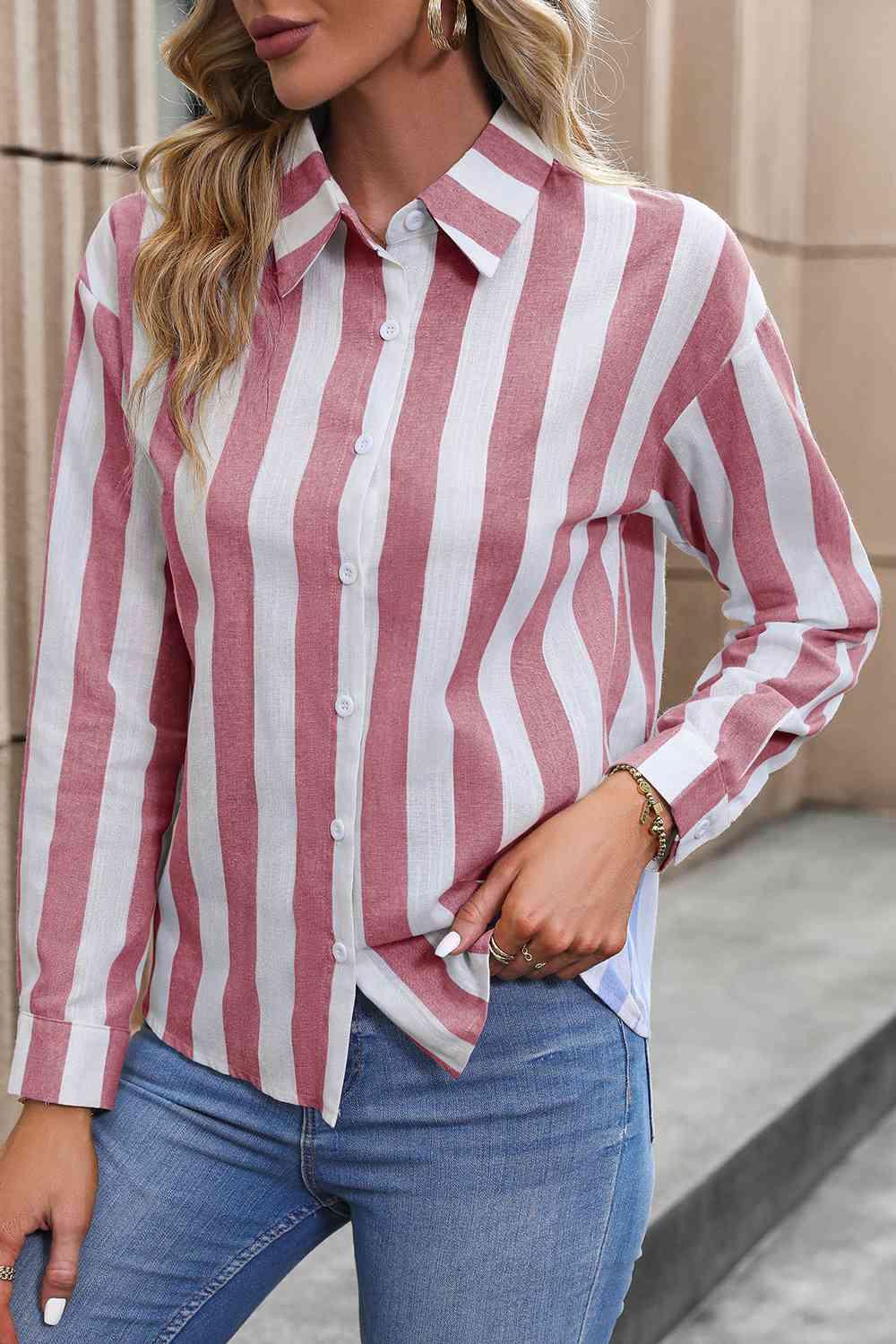 a woman wearing a red and white striped shirt