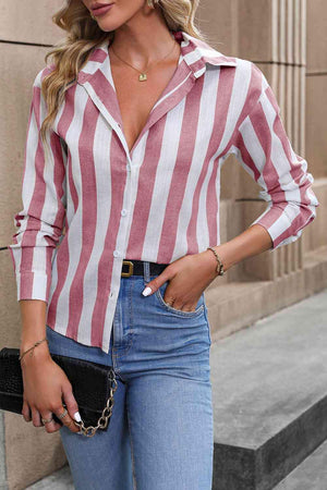 a woman in a red and white striped shirt