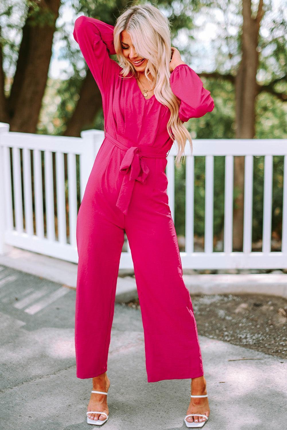 Elegant Belted V-Neck Jumpsuit - MXSTUDIO.COM