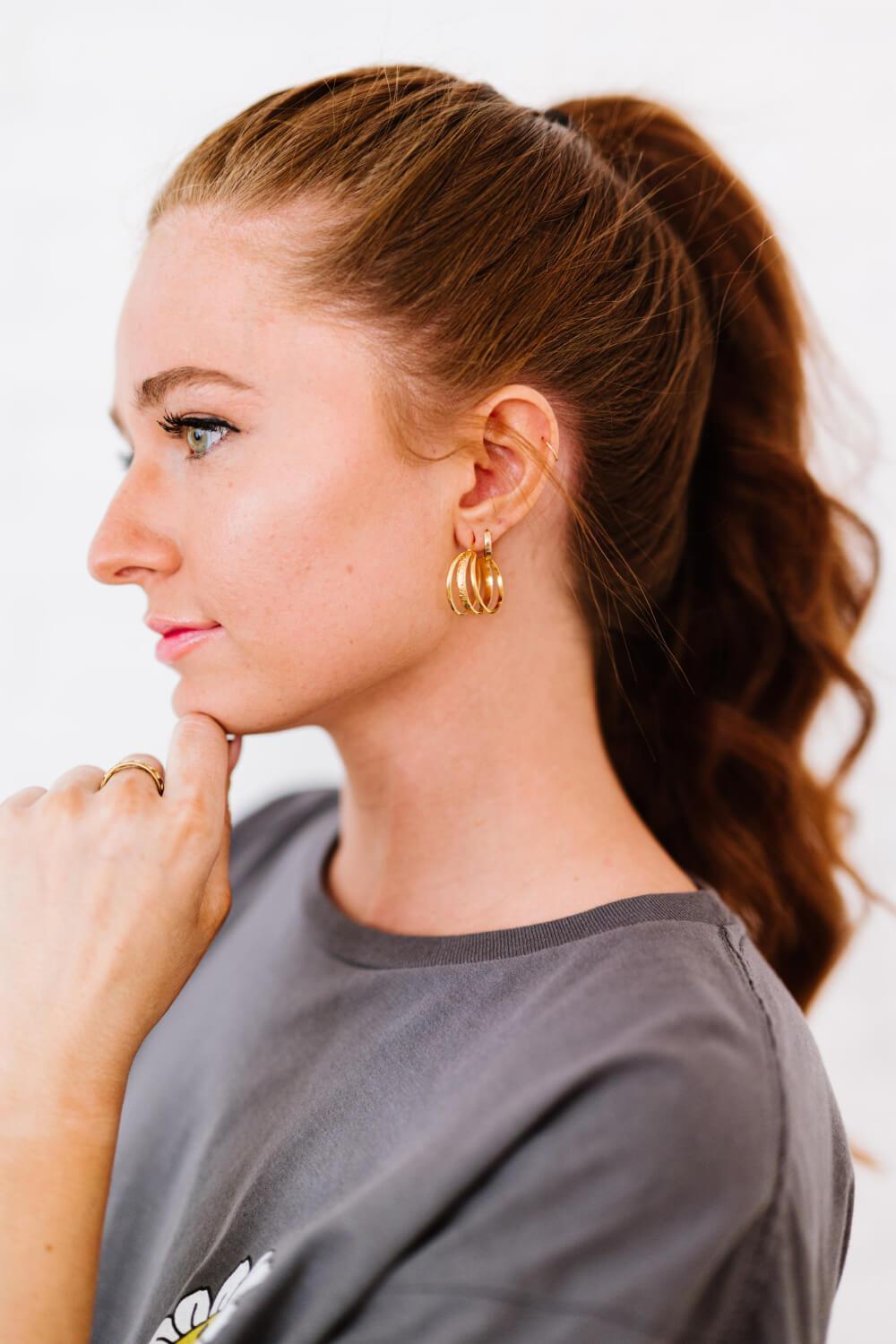 Elegant Triple Layered C-Hoop Gold Plated Earrings - MXSTUDIO.COM