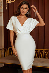 Elegant White Beaded Surplice Bodycon Dress - MXSTUDIO.COM