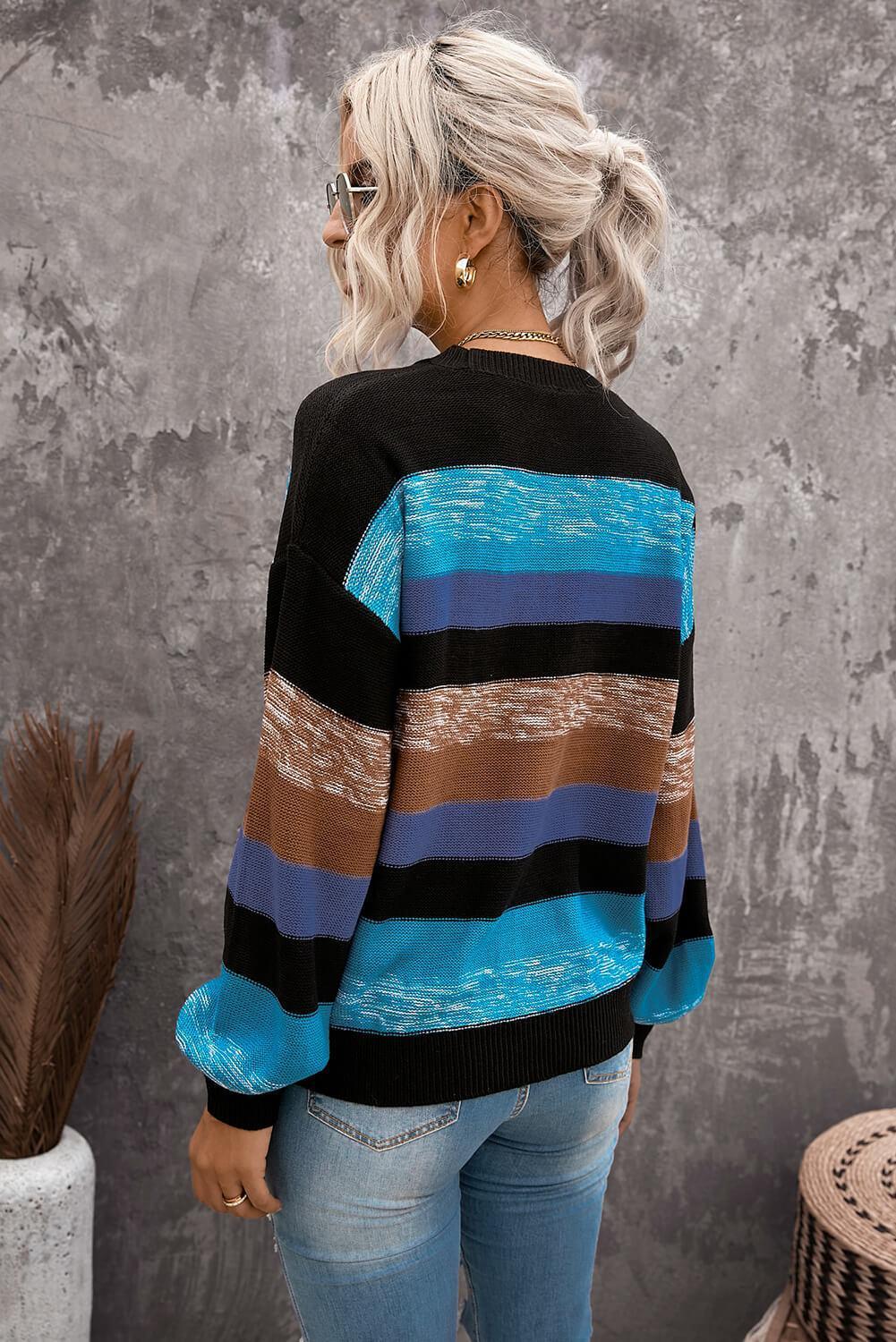 Elite Drop Shoulder Ribbed Knit Color Block Sweater - MXSTUDIO.COM