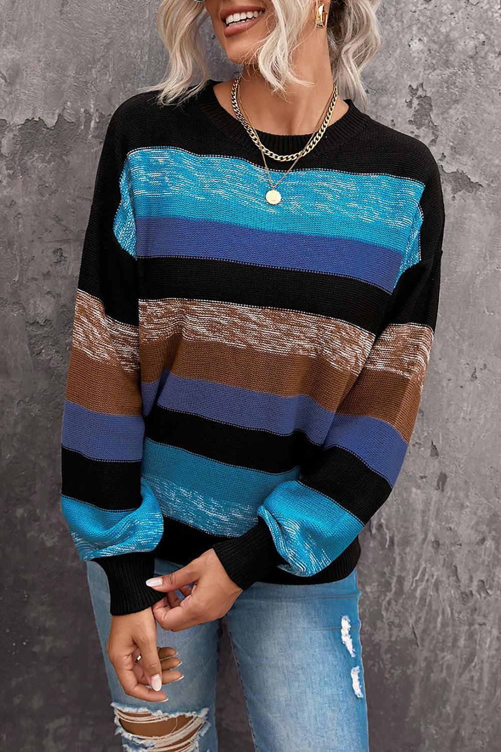 Elite Drop Shoulder Ribbed Knit Color Block Sweater - MXSTUDIO.COM
