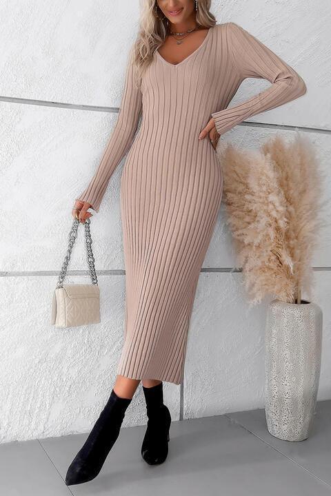 Elite Warmth Long Sleeve Midi Sweater Dress-MXSTUDIO.COM
