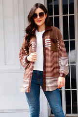 Embrace The Cold Season Fleece Trim Striped Jacket-MXSTUDIO.COM