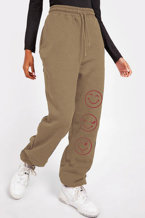 Emoji Graphic Elastic Waist Khaki Sweatpants - MXSTUDIO.COM