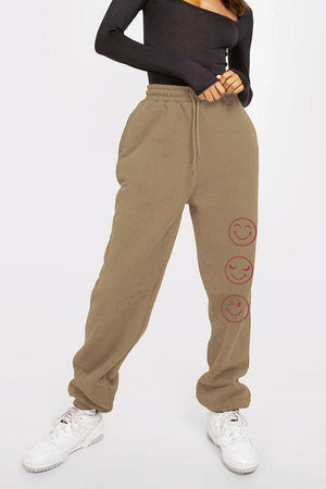 Emoji Graphic Elastic Waist Khaki Sweatpants - MXSTUDIO.COM