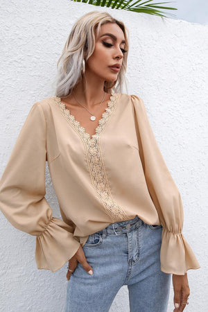 Endearing Lace Trim Flounce Long Sleeve Top - MXSTUDIO.COM