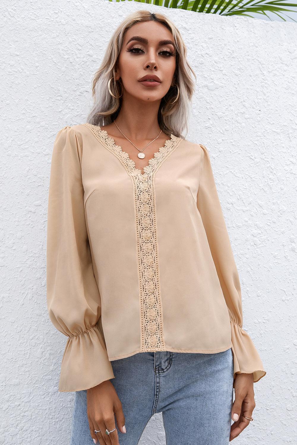 Endearing Lace Trim Flounce Long Sleeve Top - MXSTUDIO.COM