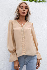 Endearing Lace Trim Flounce Long Sleeve Top - MXSTUDIO.COM