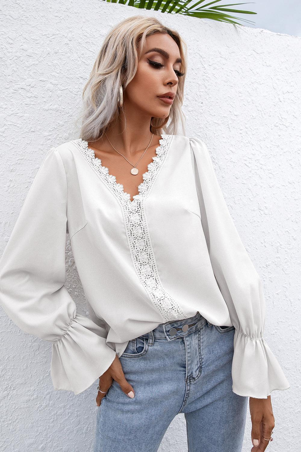 Endearing Lace Trim Flounce Long Sleeve Top - MXSTUDIO.COM