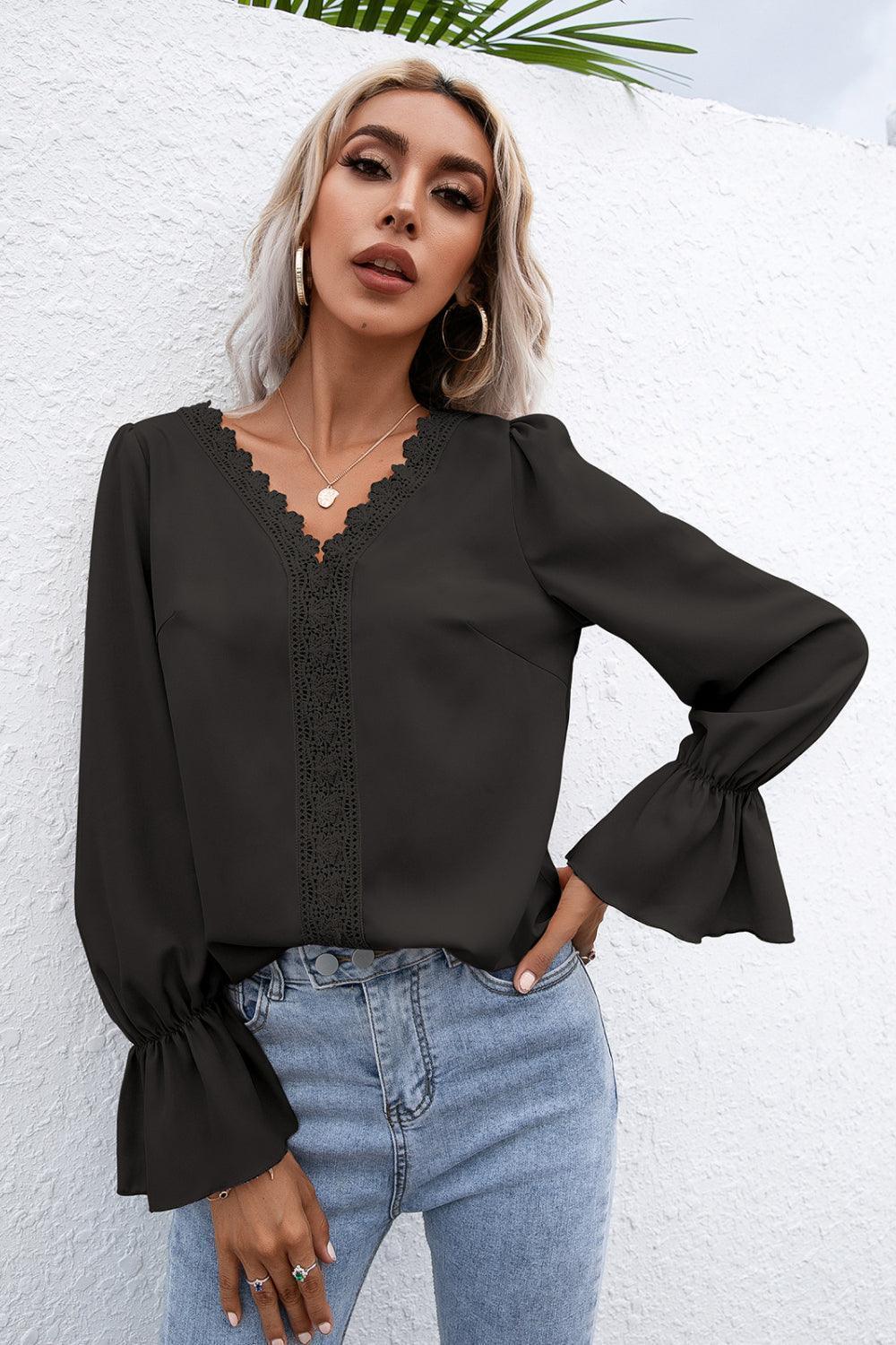 Endearing Lace Trim Flounce Long Sleeve Top - MXSTUDIO.COM