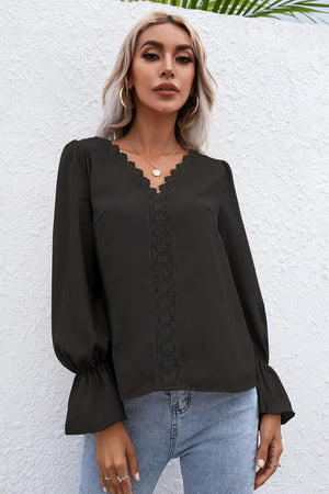 Endearing Lace Trim Flounce Long Sleeve Top - MXSTUDIO.COM