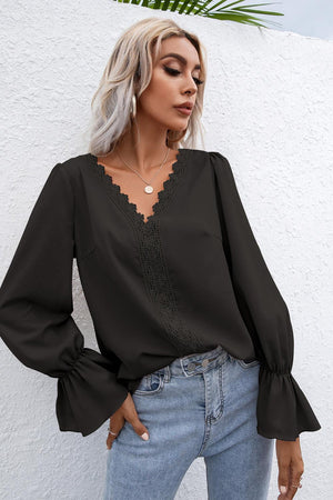 Endearing Lace Trim Flounce Long Sleeve Top - MXSTUDIO.COM