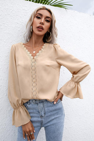 Endearing Lace Trim Flounce Long Sleeve Top - MXSTUDIO.COM