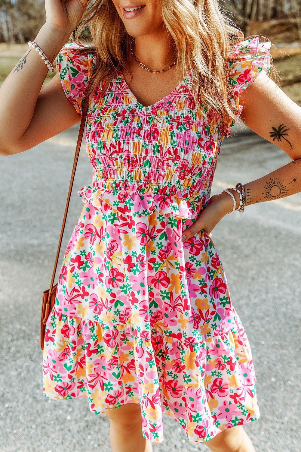 Endearing V Neck Tiered Floral Mini Dress - MXSTUDIO.COM