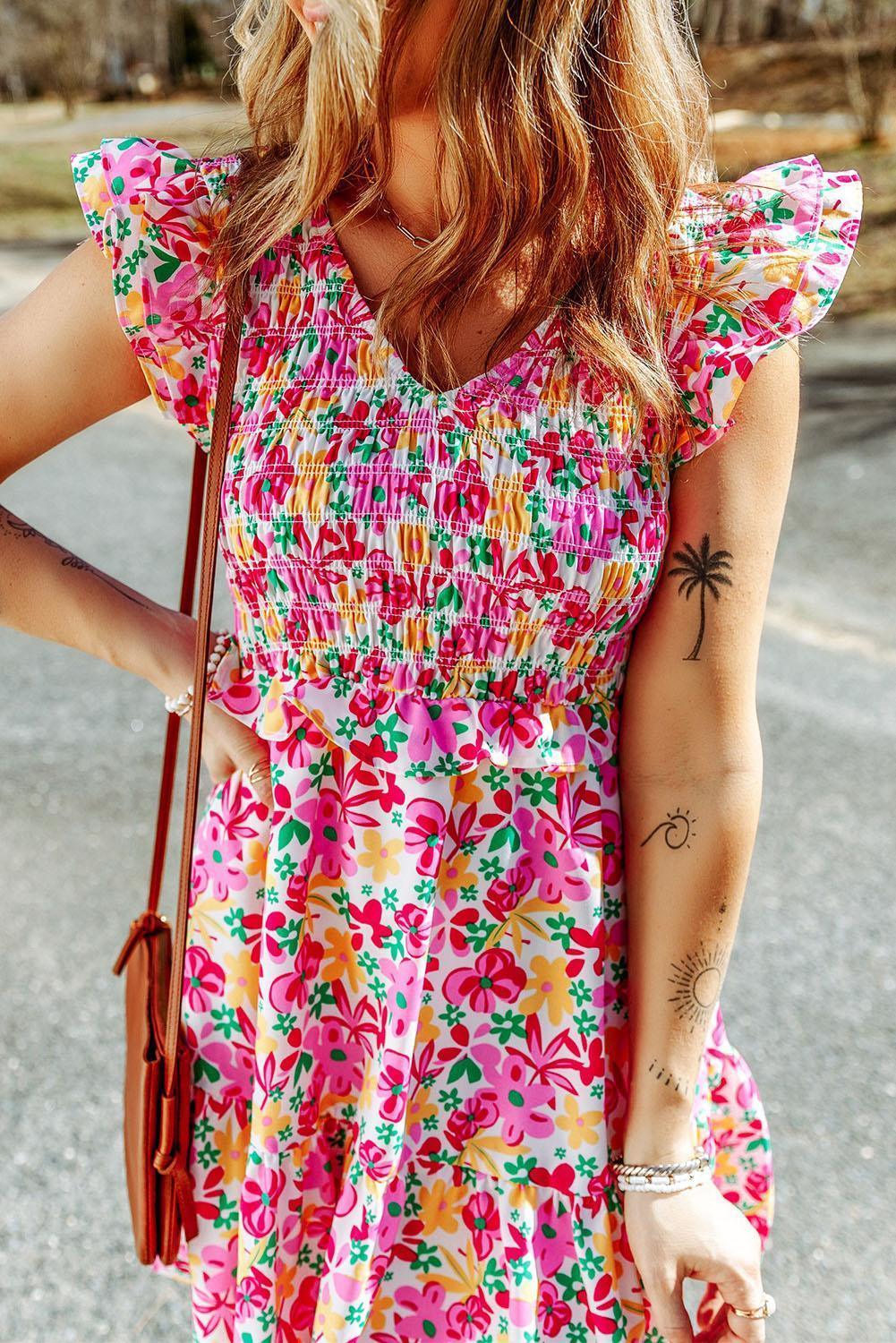 Endearing V Neck Tiered Floral Mini Dress - MXSTUDIO.COM