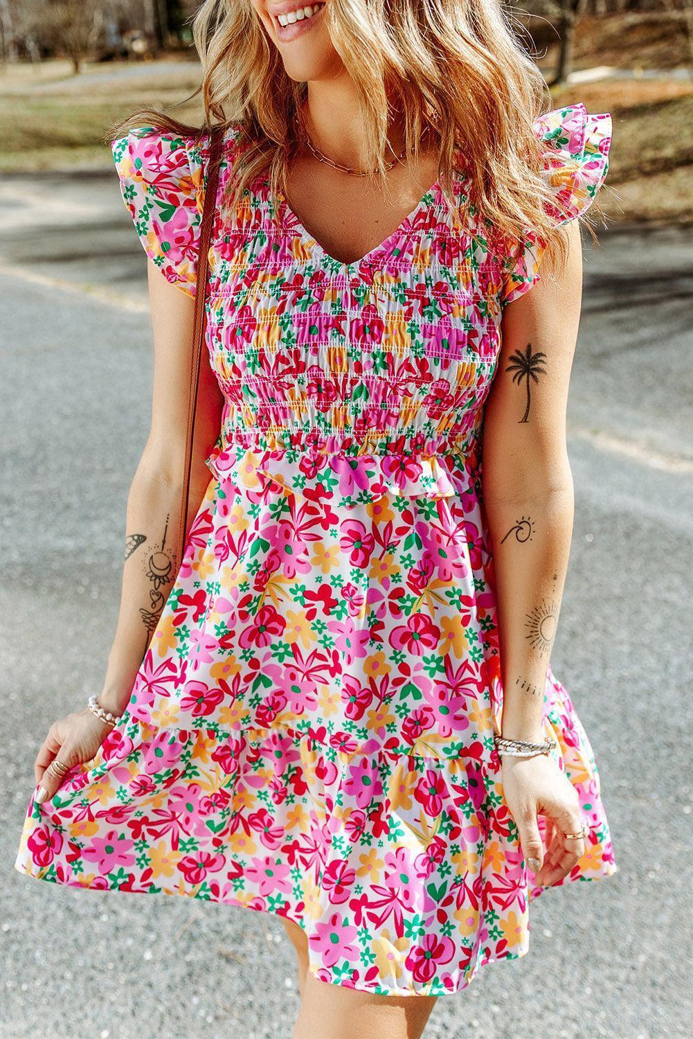 Endearing V Neck Tiered Floral Mini Dress - MXSTUDIO.COM