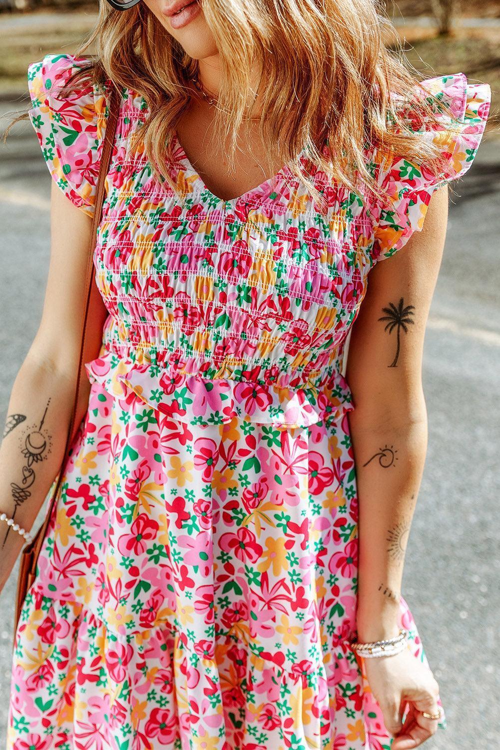 Endearing V Neck Tiered Floral Mini Dress - MXSTUDIO.COM