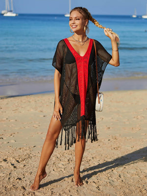 Engage And Enjoy Contrast Openwork Tassel Cover-Up - MXSTUDIO.COM