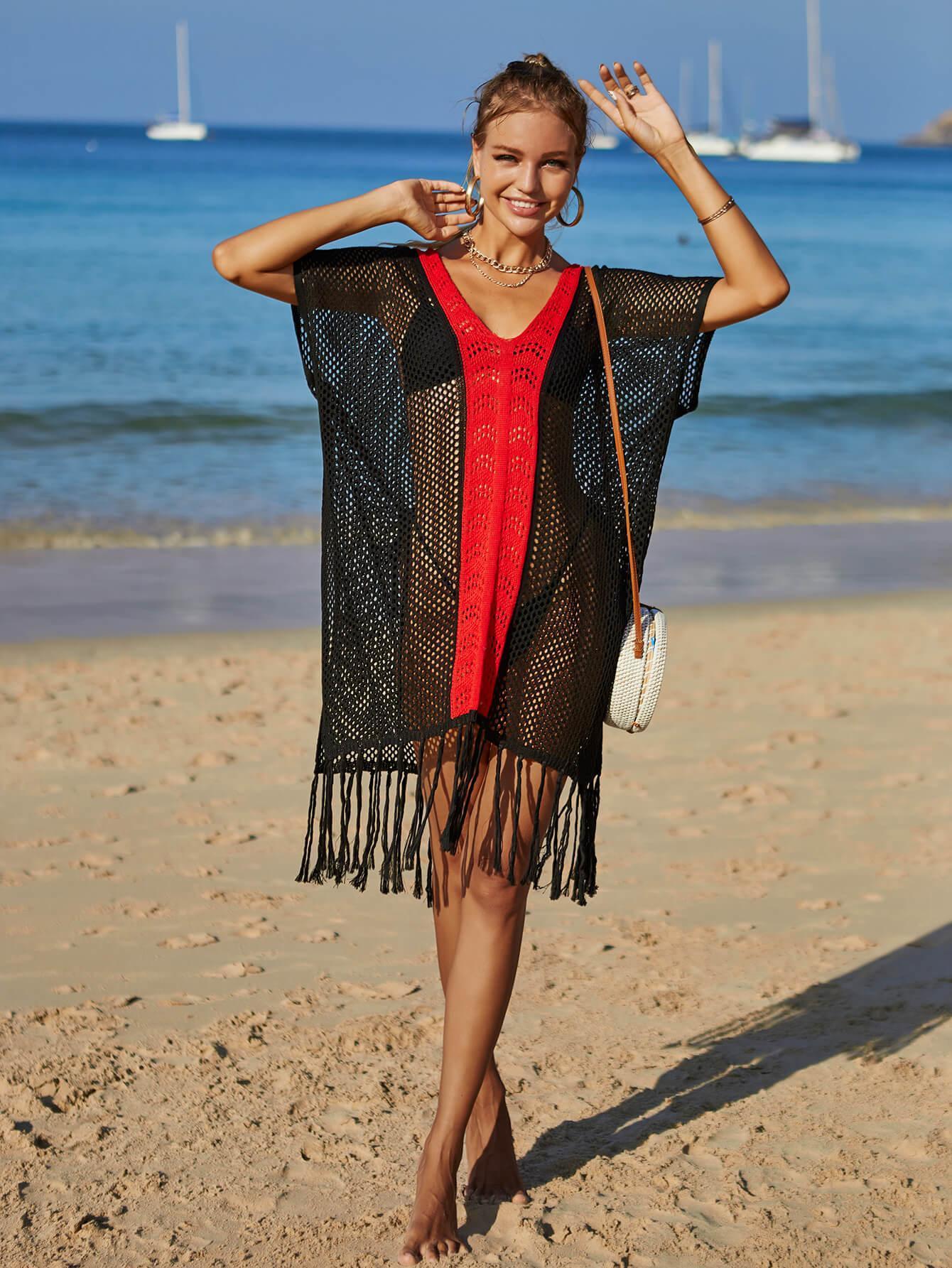 Engage And Enjoy Contrast Openwork Tassel Cover-Up - MXSTUDIO.COM