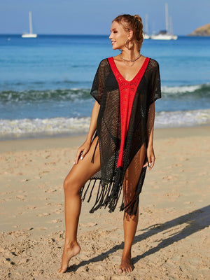 Engage And Enjoy Contrast Openwork Tassel Cover-Up - MXSTUDIO.COM