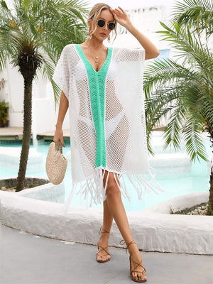 Engage And Enjoy Contrast Openwork Tassel Cover-Up - MXSTUDIO.COM