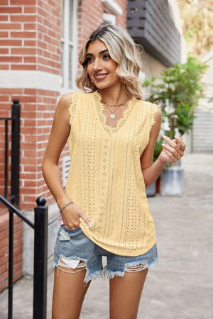 Enjoy Life V-Neck Eyelet Lace Trim Tank - MXSTUDIO.COM