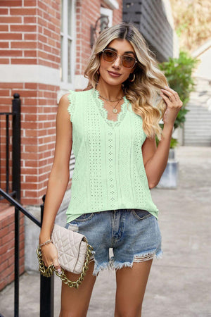 Enjoy Life V-Neck Eyelet Lace Trim Tank - MXSTUDIO.COM