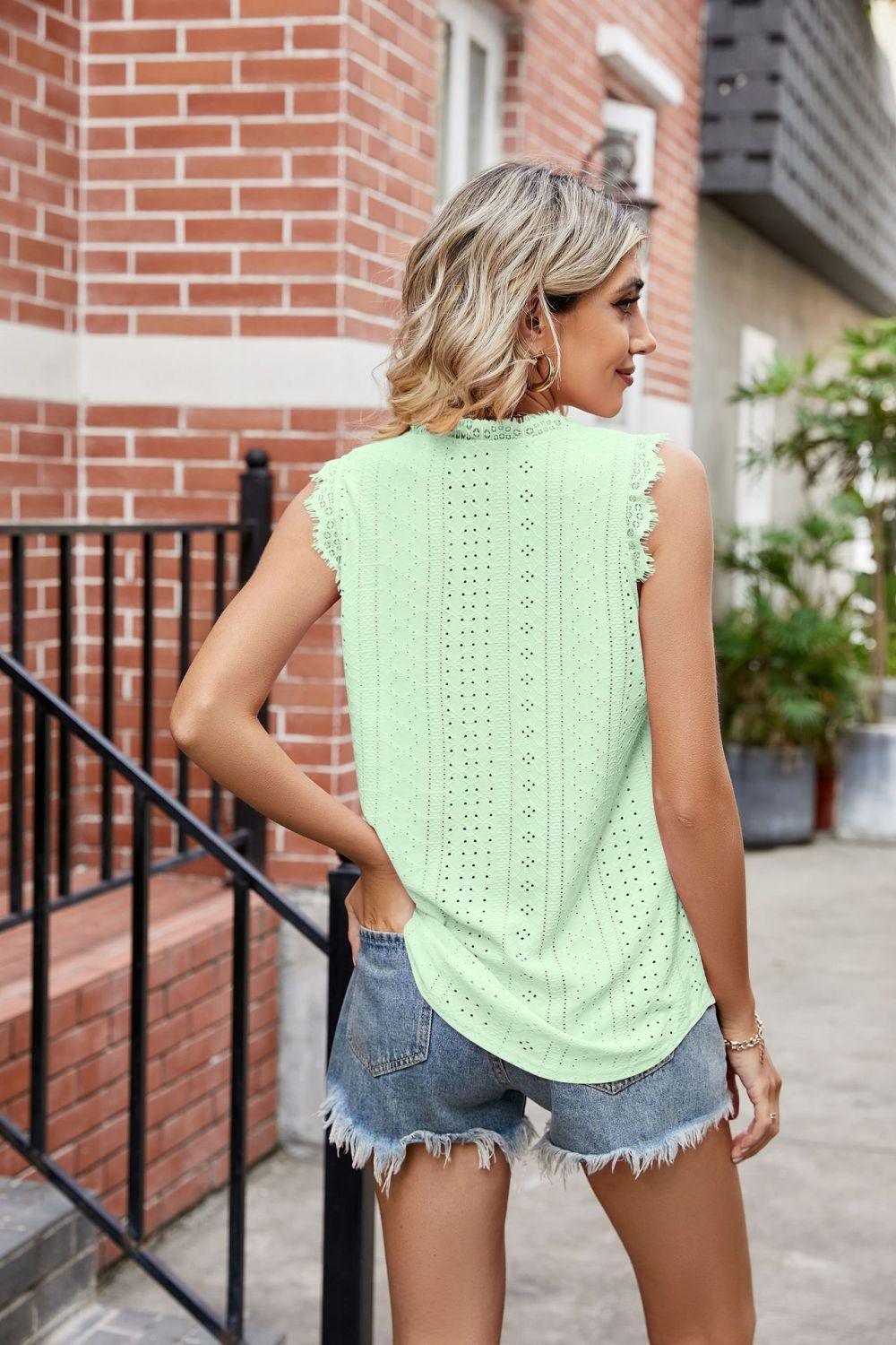 Enjoy Life V-Neck Eyelet Lace Trim Tank - MXSTUDIO.COM