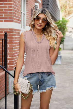 Enjoy Life V-Neck Eyelet Lace Trim Tank - MXSTUDIO.COM