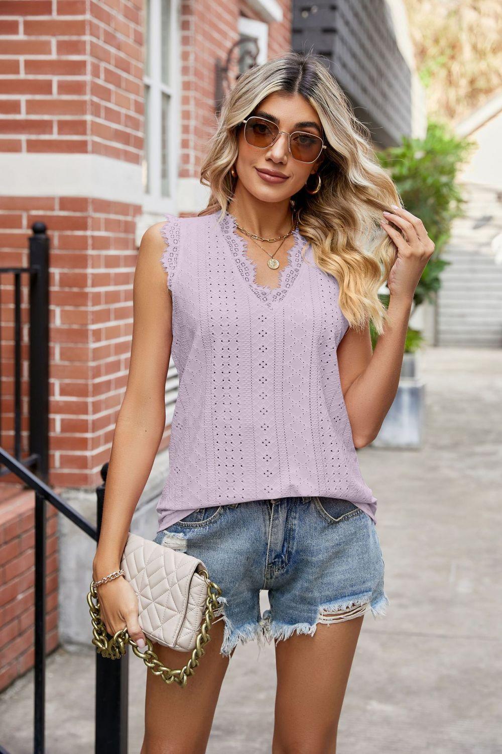 Enjoy Life V-Neck Eyelet Lace Trim Tank - MXSTUDIO.COM