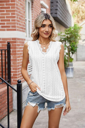 Enjoy Life V-Neck Eyelet Lace Trim Tank - MXSTUDIO.COM