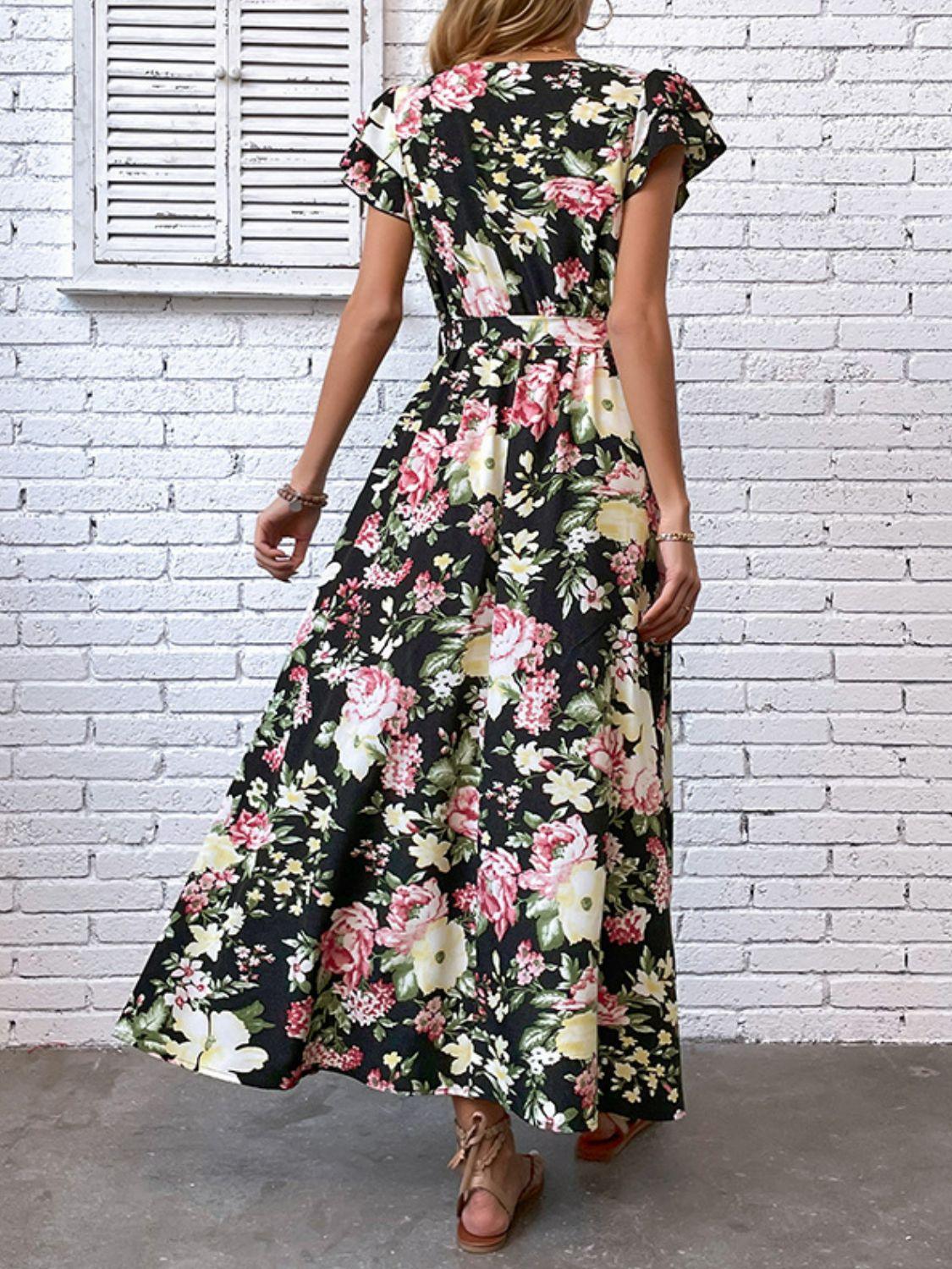 Enjoy Summer Floral Split Flutter Sleeve Dress - MXSTUDIO.COM