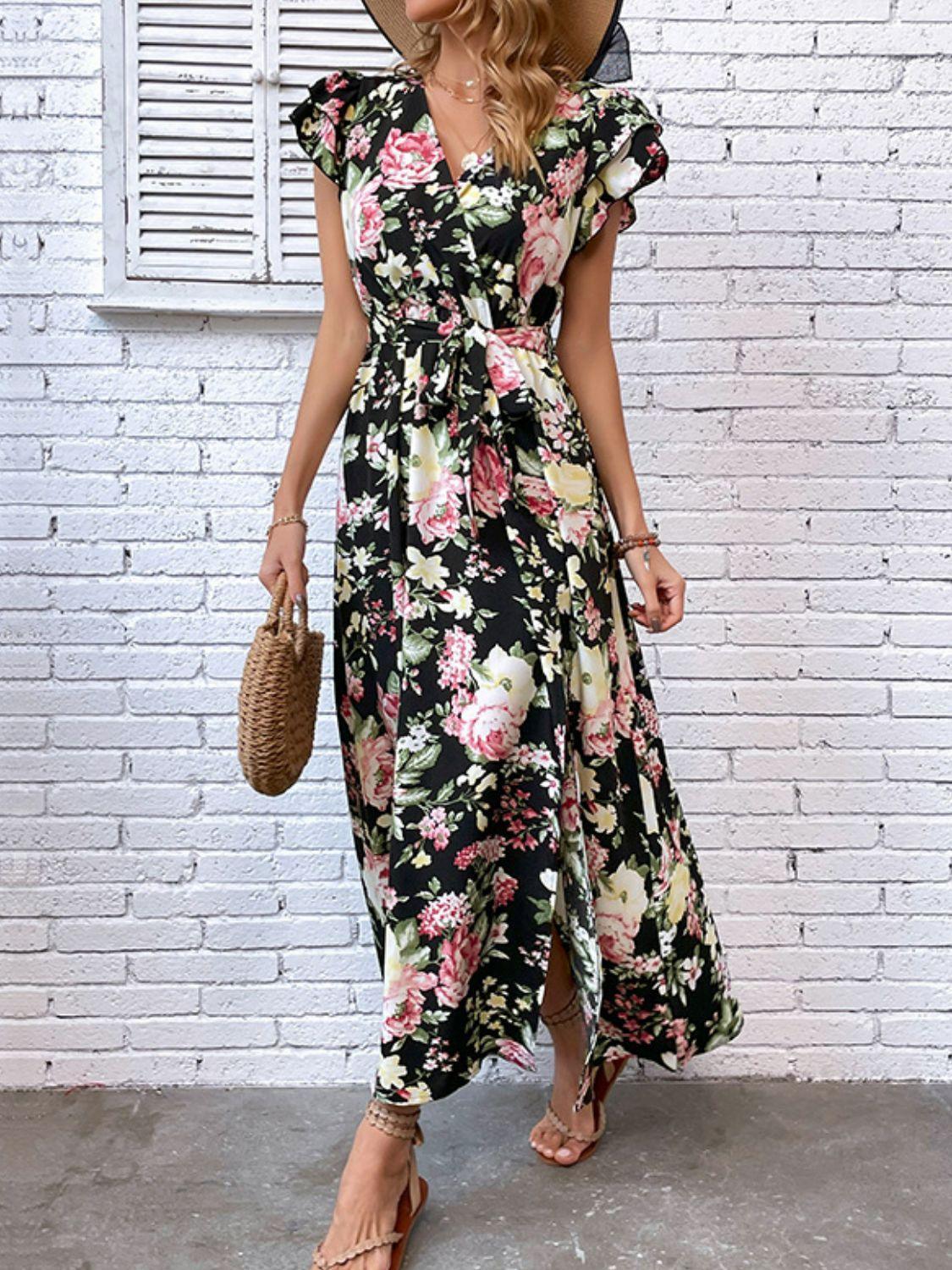 Enjoy Summer Floral Split Flutter Sleeve Dress - MXSTUDIO.COM