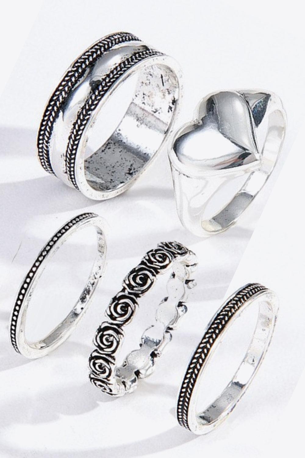 Enjoyable Beauty Silver Plated Zinc Alloy Five-Piece Ring Set - MXSTUDIO.COM