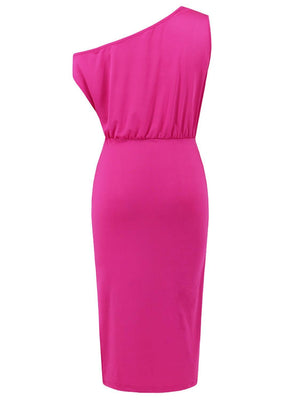 a women's pink dress with one shoulder cut out
