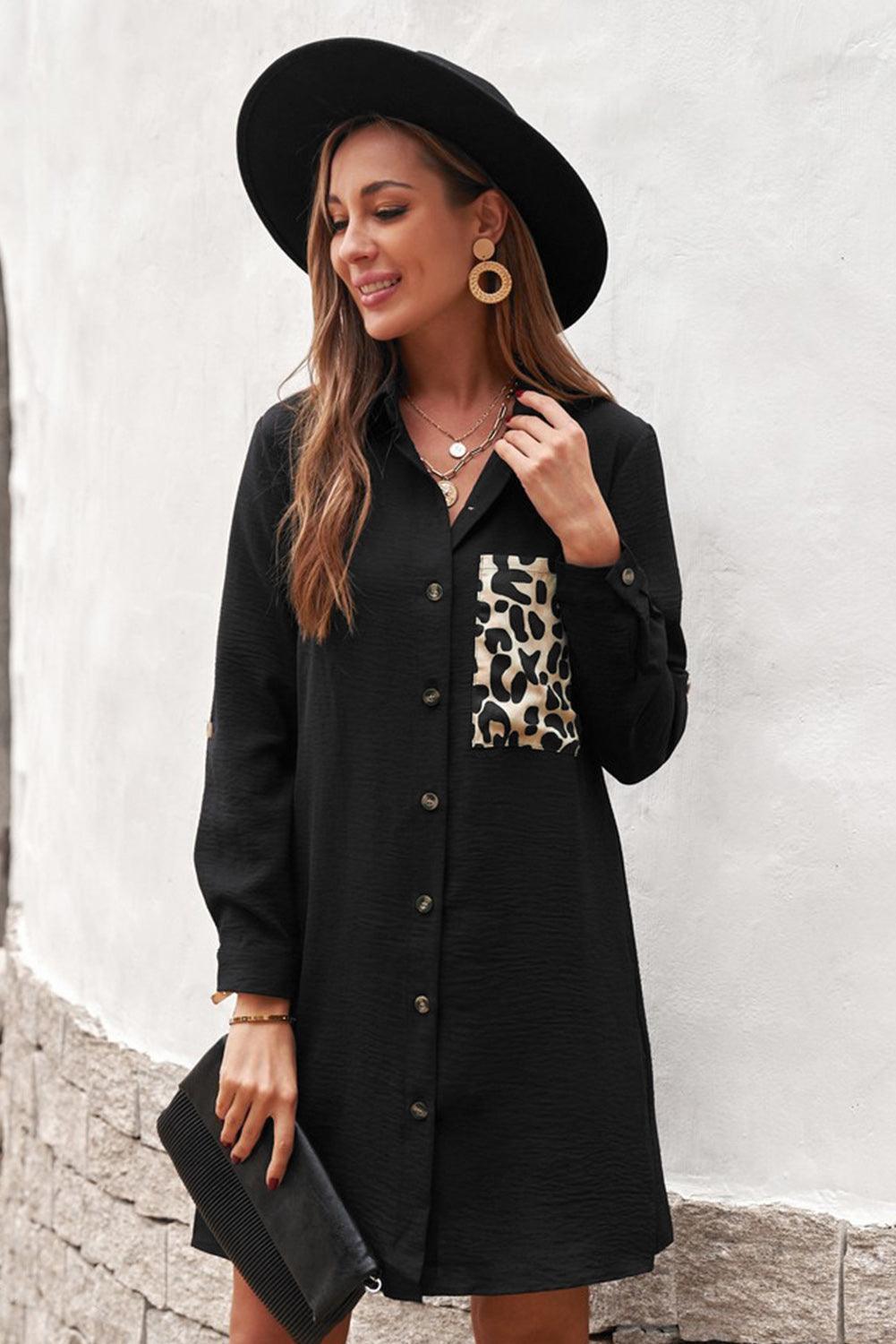 Enthusiastic Black Leopard Patch Shirt Dress - MXSTUDIO.COM