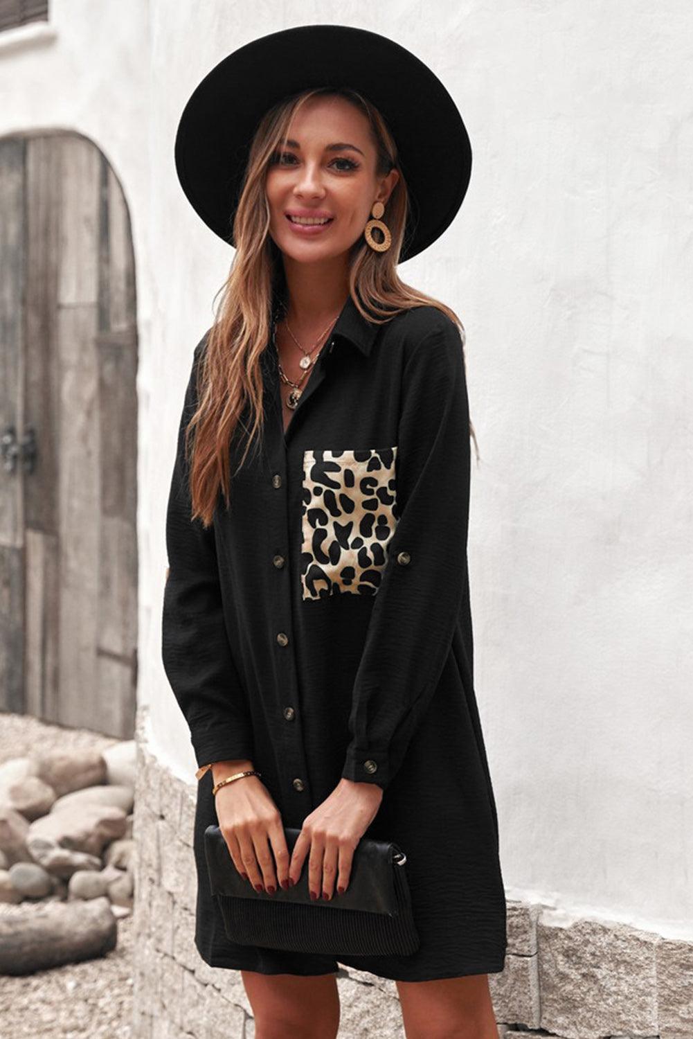 Enthusiastic Black Leopard Patch Shirt Dress - MXSTUDIO.COM