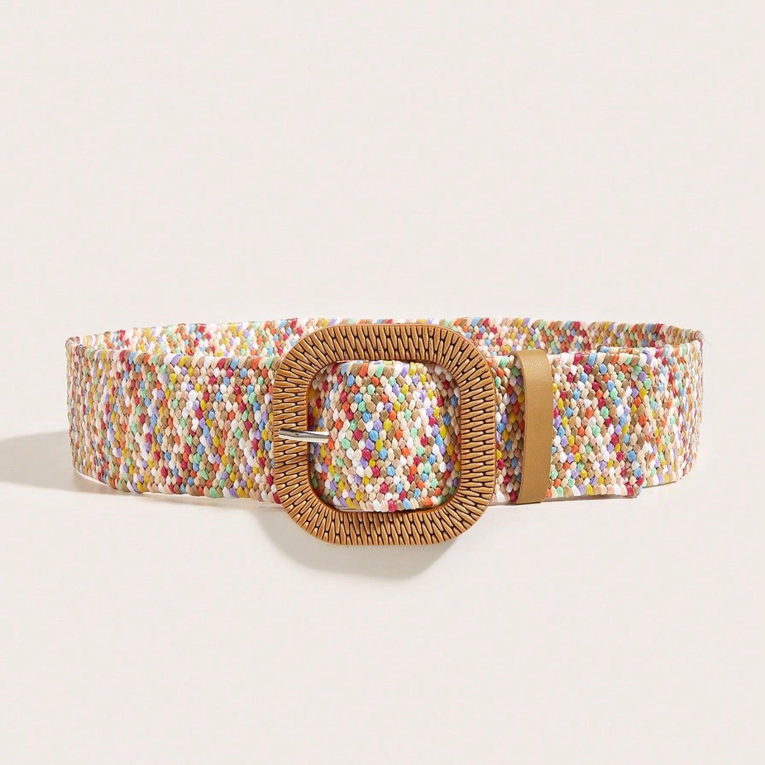 a multicolored belt with a metal buckle