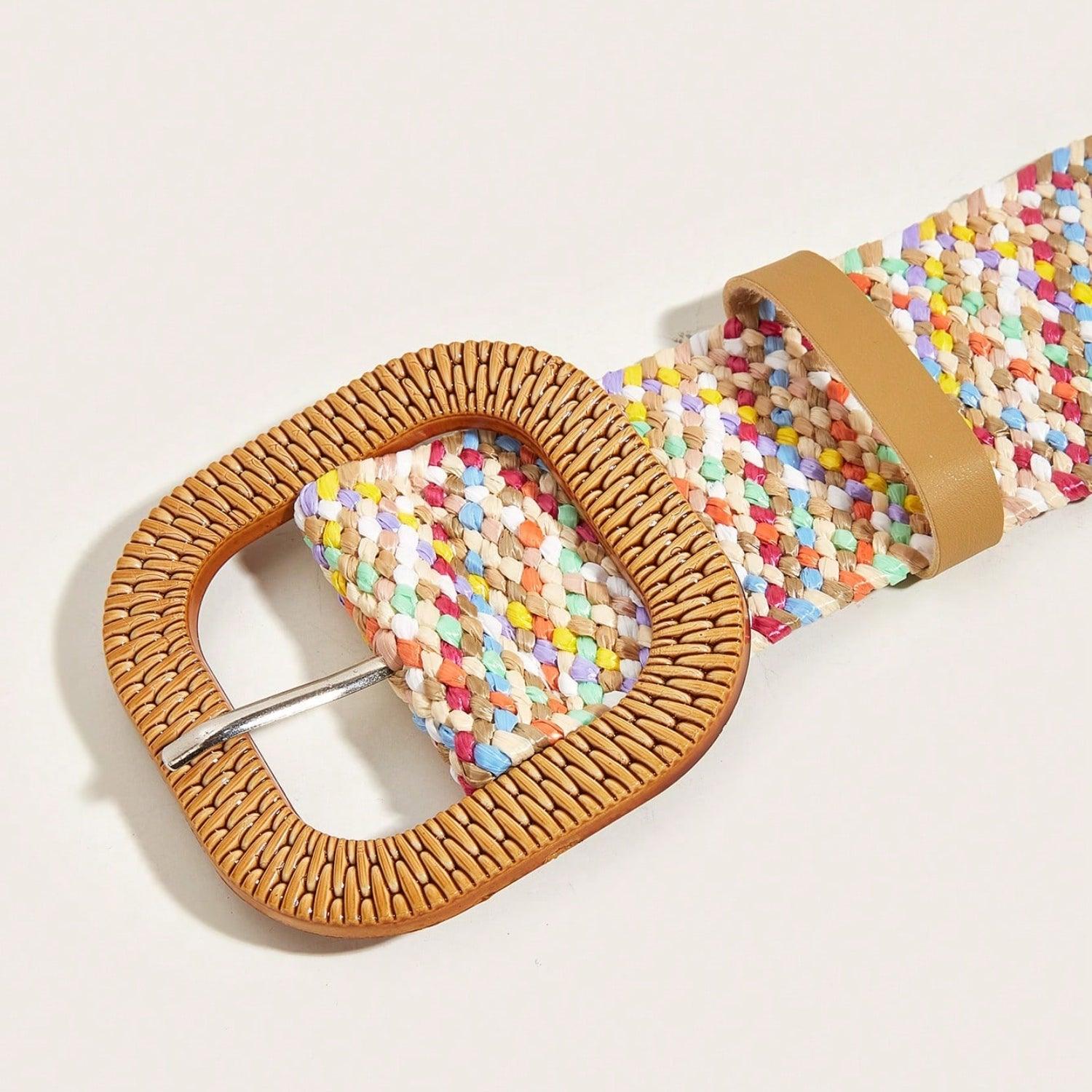 a woven belt with a wooden buckle