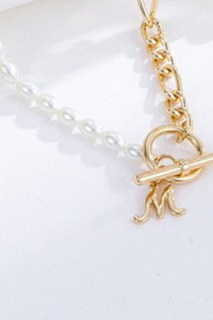 Enthusiastic M Pendant Half Pearl Half Chain Necklace - MXSTUDIO.COM