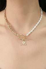 Enthusiastic M Pendant Half Pearl Half Chain Necklace - MXSTUDIO.COM