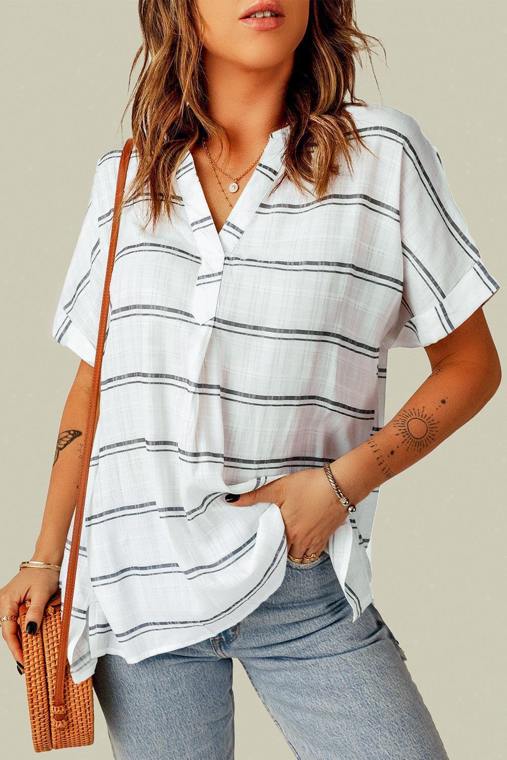 Enthusiastic Short Sleeve Notch Neck Blouse - MXSTUDIO.COM