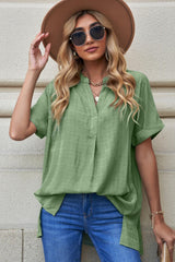 Enthusiastic Short Sleeve Notch Neck Blouse - MXSTUDIO.COM