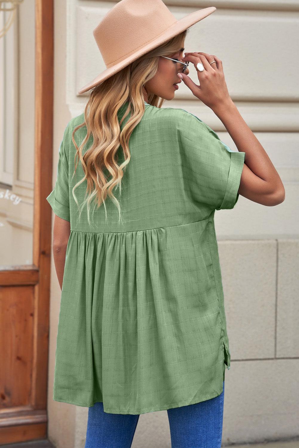 Enthusiastic Short Sleeve Notch Neck Blouse - MXSTUDIO.COM