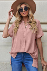 Enthusiastic Short Sleeve Notch Neck Blouse - MXSTUDIO.COM