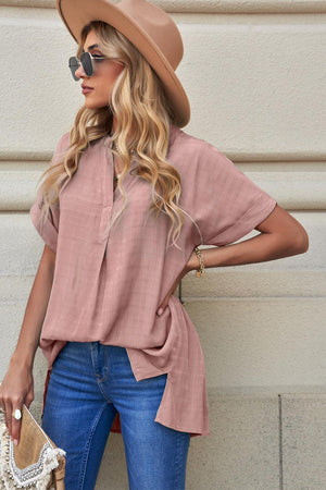 Enthusiastic Short Sleeve Notch Neck Blouse - MXSTUDIO.COM